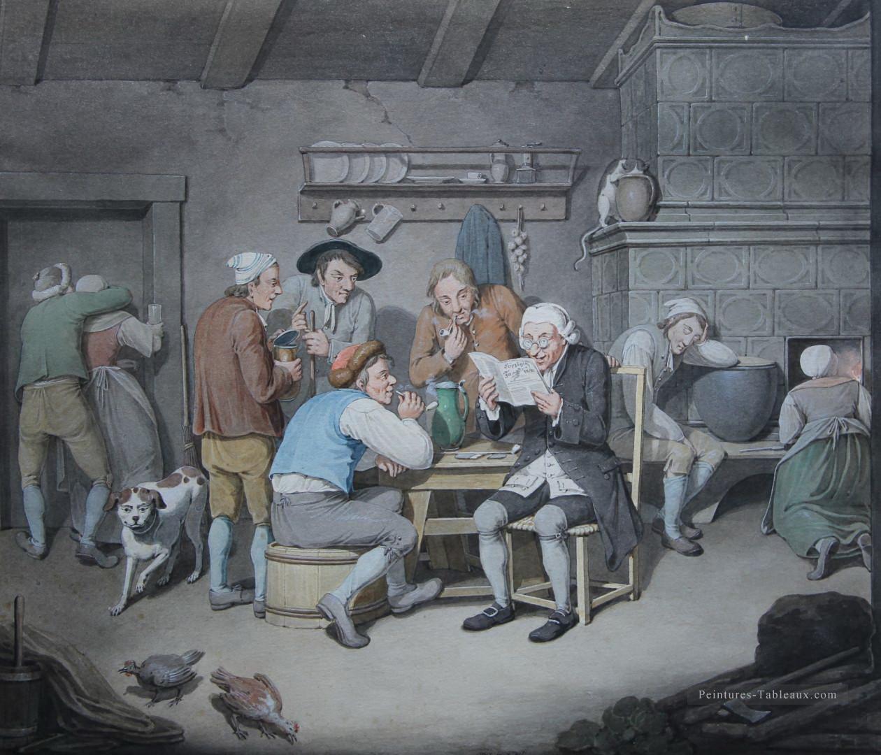 Szene aus einer Bauernstube mit groBem Kachelofen Georg Emanuel Opiz caricature Peintures à l'huile
